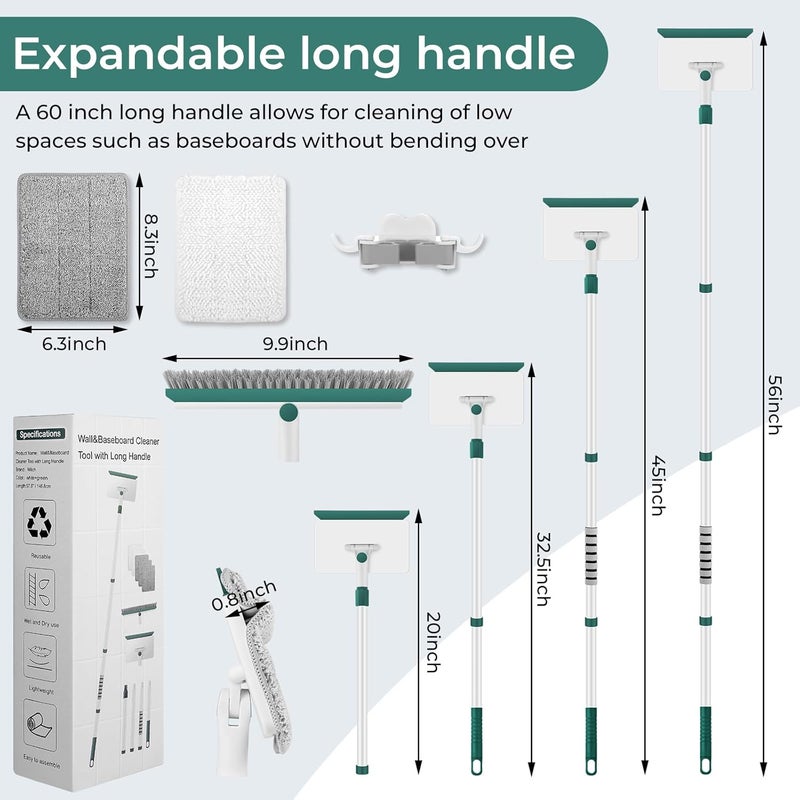 wlich Baseboard Cleaner Tool with Handle, 60" Extendable Long Handle Baseboard Cleaner with 5 Reusable Pads for Baseboards Cleaning, Ceiling, Wall, Floor, Bathroom, Kitchen - Image 2